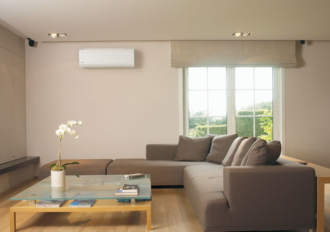 Ductless air system mounted in a modern room