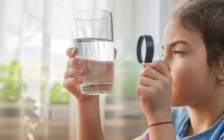 Child checking clean drinking water in a glass after whole-house water filtration