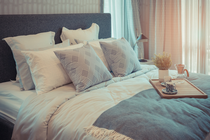 Cozy guest bedroom with stylish decor and inviting bedding.