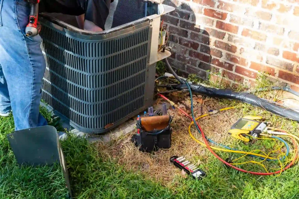 HVAC technician repairing outdoor air conditioner unit with diagnostic tools