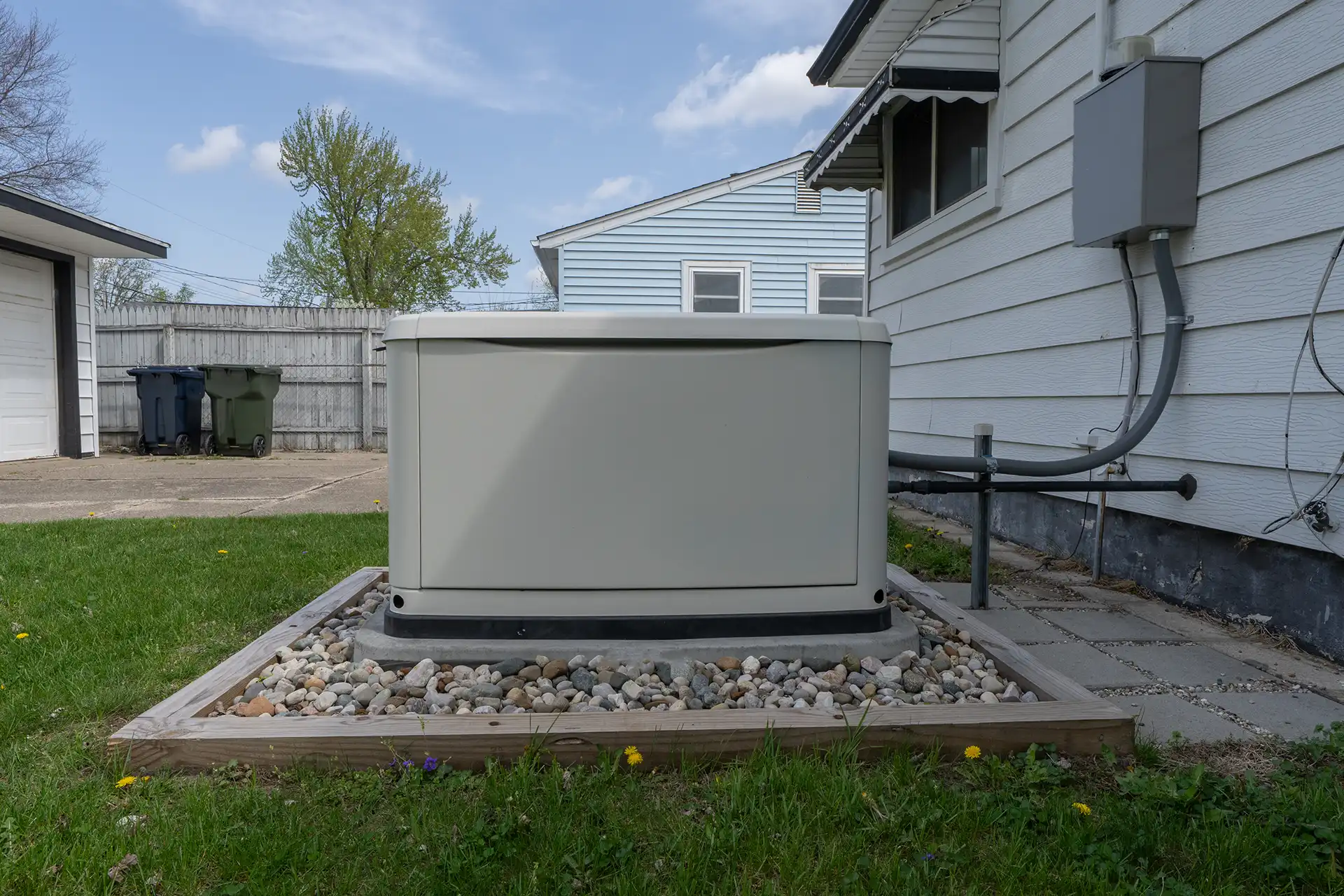 Standby home generator installed on gravel pad beside house
