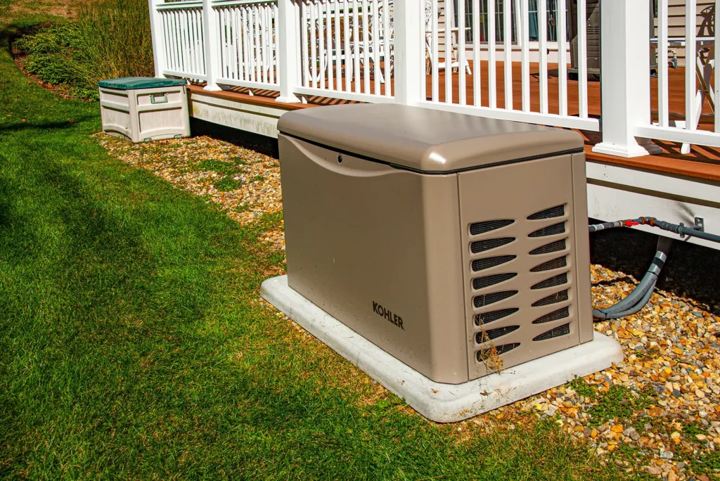 Kohler standby generator unit installed on concrete pad in residential yard