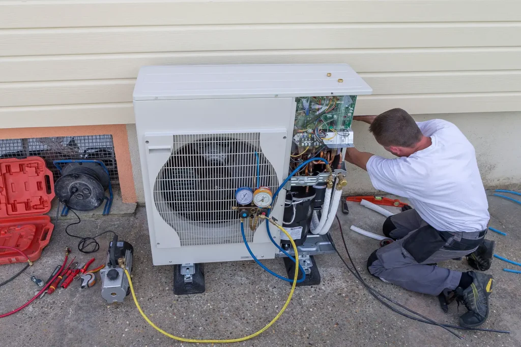 Heat pump outdoor unit installed at home