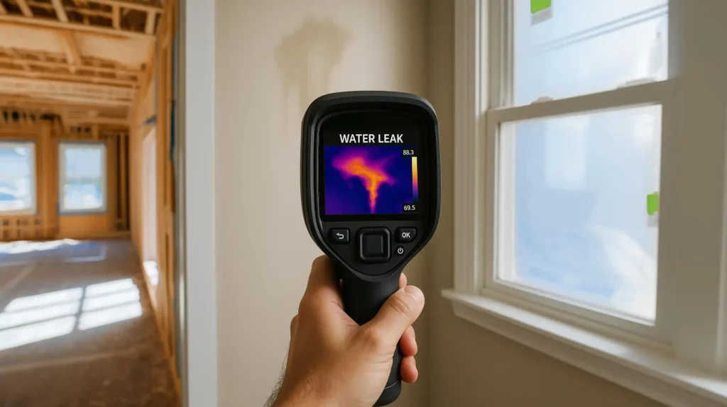 Technician using thermal imaging camera to detect water leak in home wall