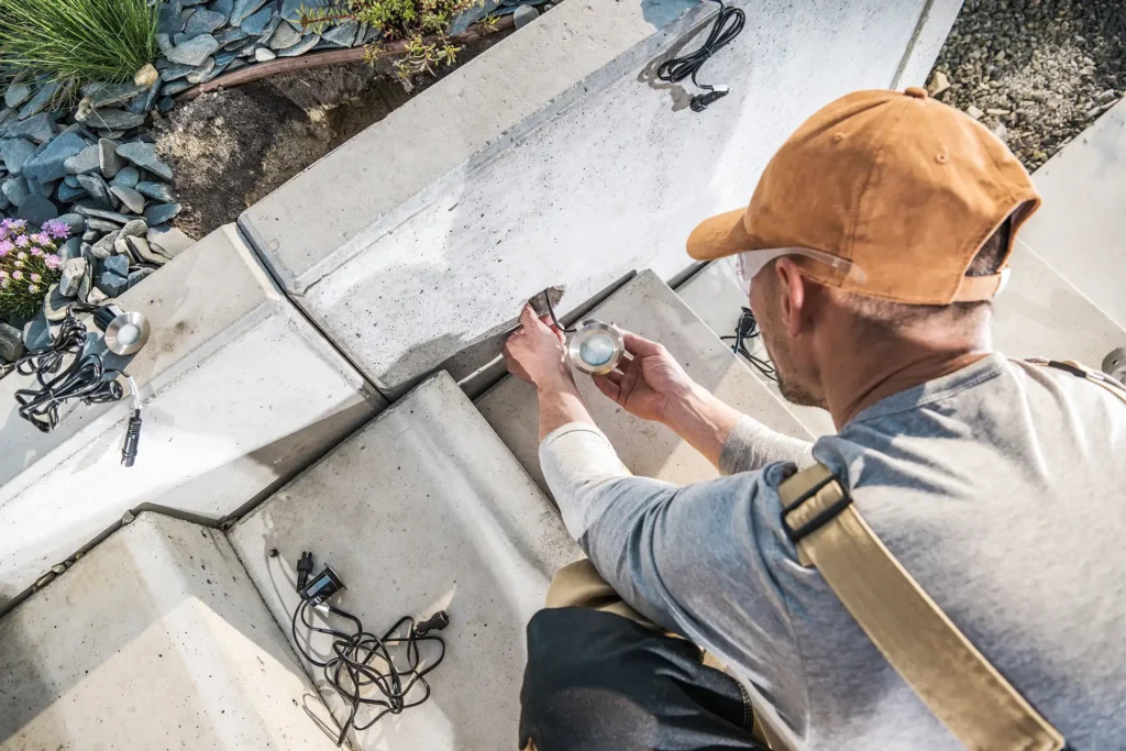 Technician installing outdoor landscape lighting fixtures