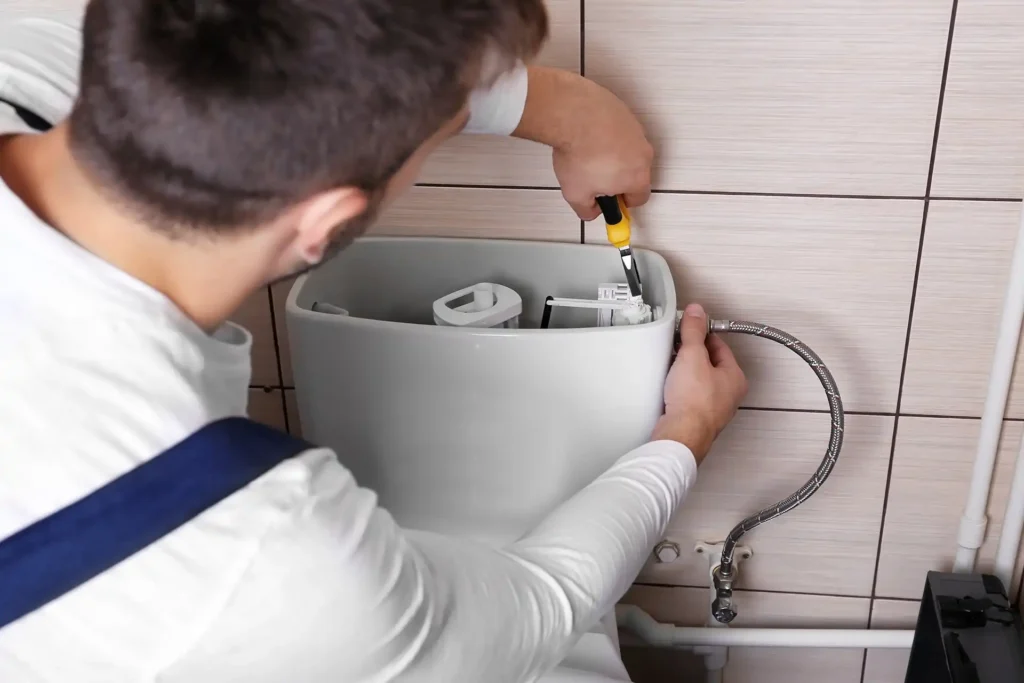 Plumber repairing toilet tank with screwdriver