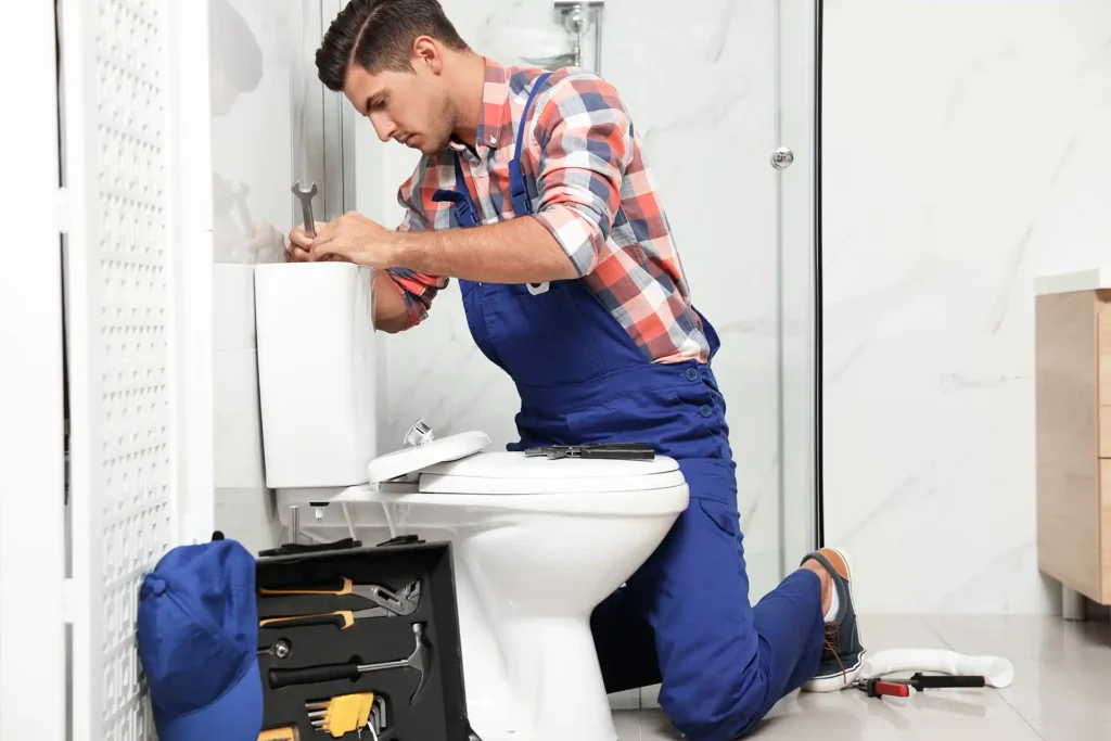 Plumber replacing toilet in bathroom with tools nearby