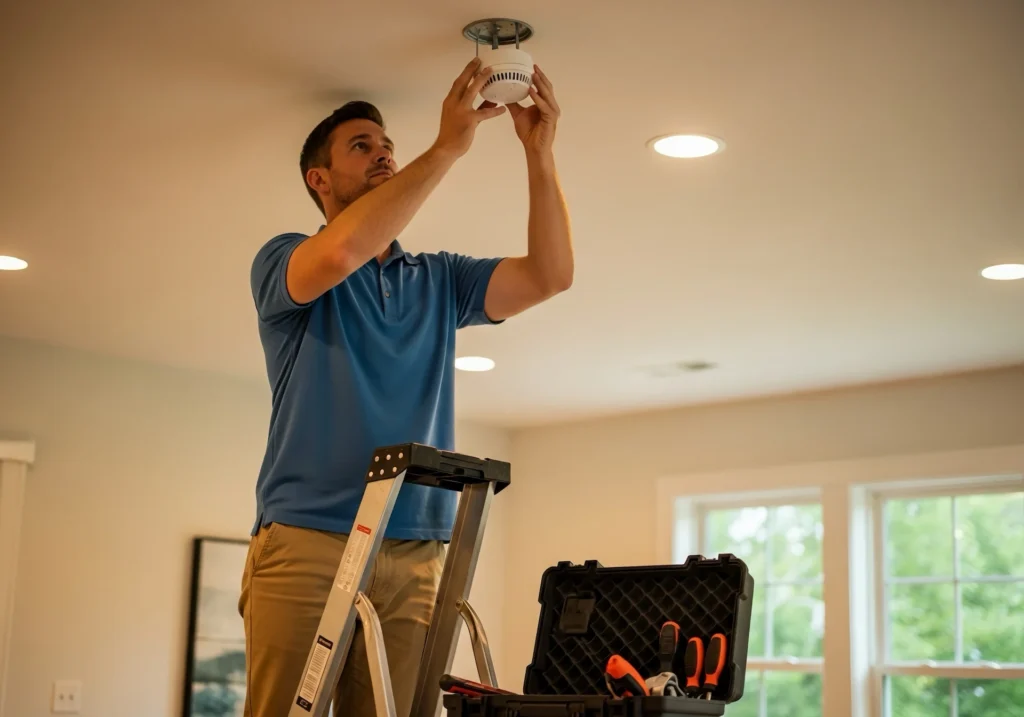 Electrician installing a smoke detector on a ceiling while standing on a ladder in a home